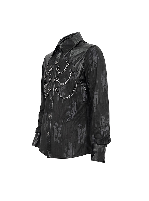 Punk Style Fashion Washed Velvet Fabric With Leather Front Chest Symmetrical Metal Chain Decoration Black Long Sleeved Lapel Shirt