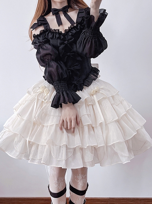 Romantic Artists French Style Contrast Color Classic Lolita Off Shoulder Long Sleeves Ruffles Shirt Cupcake Skirt Set