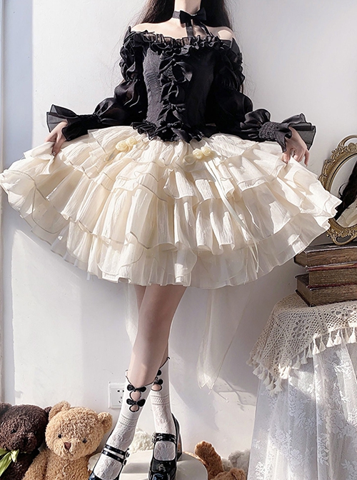 Romantic Artists French Style Contrast Color Classic Lolita Off Shoulder Long Sleeves Ruffles Shirt Cupcake Skirt Set