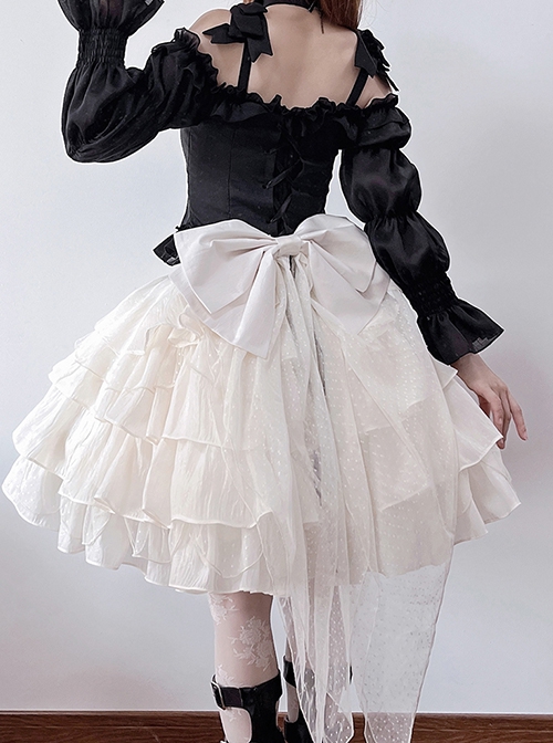 Romantic Artists French Style Contrast Color Classic Lolita Off Shoulder Long Sleeves Ruffles Shirt Cupcake Skirt Set