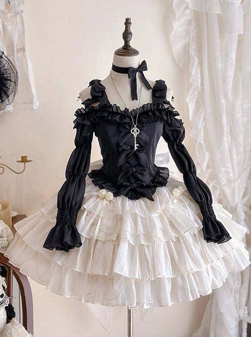 Romantic Artists French Style Contrast Color Classic Lolita Off Shoulder Long Sleeves Ruffles Shirt Cupcake Skirt Set