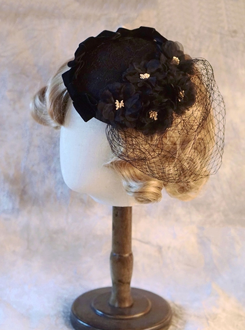 French Style Elegant Lady Handmade Retro Lace Mesh Yarn 3D Flowers Classic Lolita Black Hat