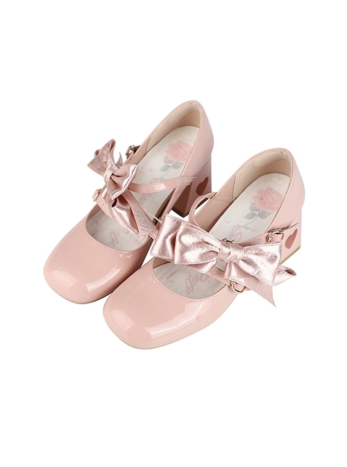 Valentines Day Series Classic Lolita Elegant Satin Bowknot Double Shoelaces Heart Shaped Hollow Heel Mary Jane Shoes