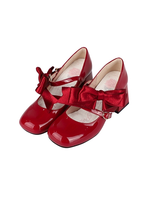 Valentines Day Series Classic Lolita Elegant Satin Bowknot Double Shoelaces Heart Shaped Hollow Heel Mary Jane Shoes