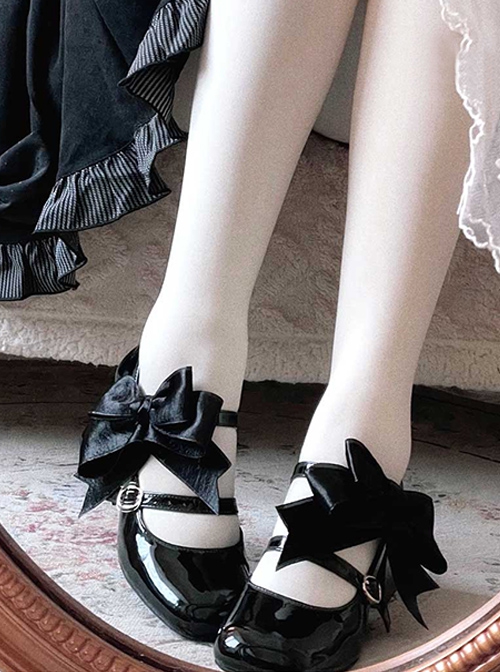 Valentines Day Series Classic Lolita Elegant Satin Bowknot Double Shoelaces Heart Shaped Hollow Heel Mary Jane Shoes