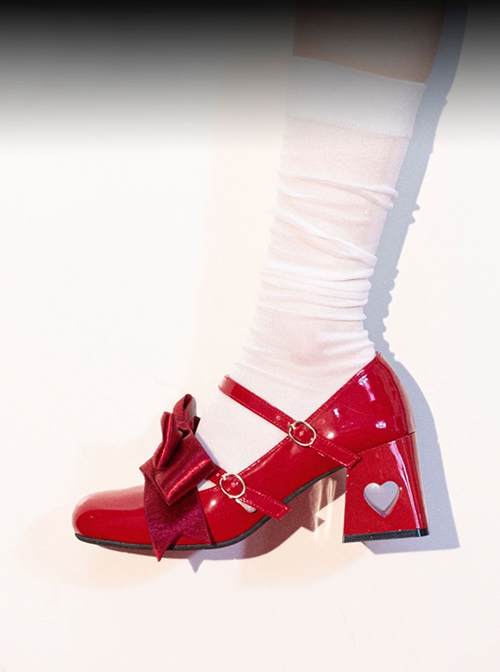 Valentines Day Series Classic Lolita Elegant Satin Bowknot Double Shoelaces Heart Shaped Hollow Heel Mary Jane Shoes