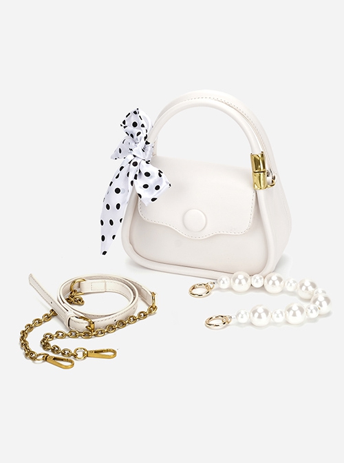 French Elegant Stylish Pearl Chain Polka Dot Bowknot Silk Scarf Classic Lolita Crossbody Bag