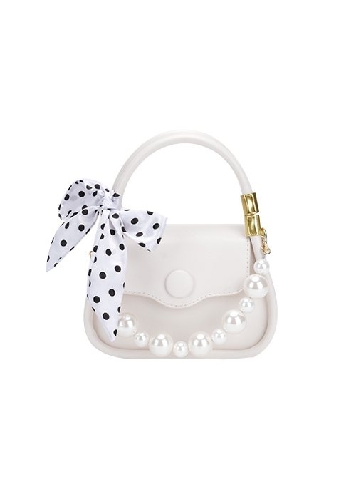 French Elegant Stylish Pearl Chain Polka Dot Bowknot Silk Scarf Classic Lolita Crossbody Bag