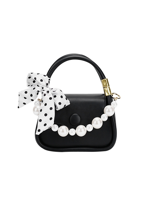 French Elegant Stylish Pearl Chain Polka Dot Bowknot Silk Scarf Classic Lolita Crossbody Bag