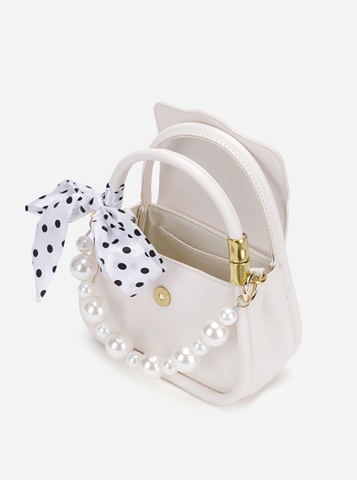 French Elegant Stylish Pearl Chain Polka Dot Bowknot Silk Scarf Classic Lolita Crossbody Bag