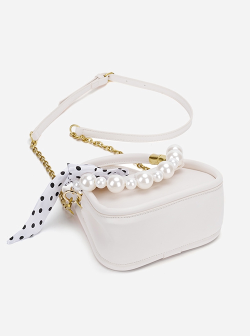 French Elegant Stylish Pearl Chain Polka Dot Bowknot Silk Scarf Classic Lolita Crossbody Bag