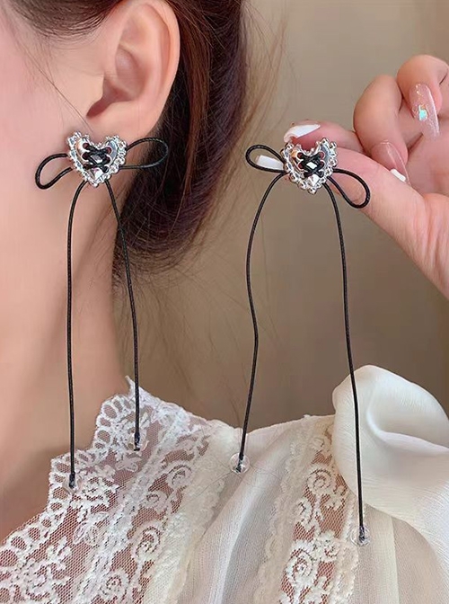 Metal Heart Ribbon Bowknot Ballet Style Y2K Glass Beads Sweet Cool Classic Lolita Earrings