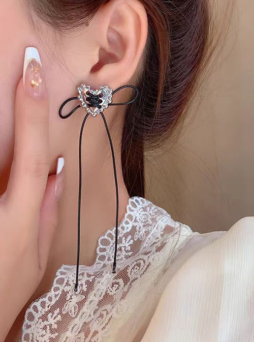 Metal Heart Ribbon Bowknot Ballet Style Y2K Glass Beads Sweet Cool Classic Lolita Earrings