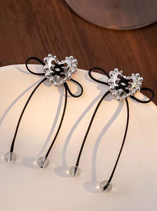 Metal Heart Ribbon Bowknot Ballet Style Y2K Glass Beads Sweet Cool Classic Lolita Earrings