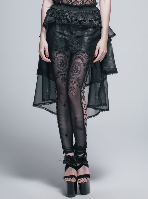 Gothic Style Slightly Transparent Lace Layered Mesh Fabric Waist Elastic Band Black Fluffy Skirt