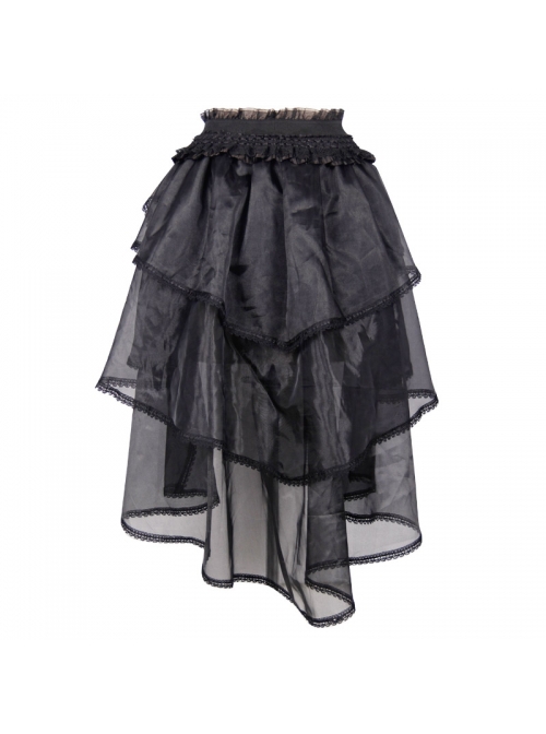 Gothic Style Slightly Transparent Lace Layered Mesh Fabric Waist Elastic Band Black Fluffy Skirt