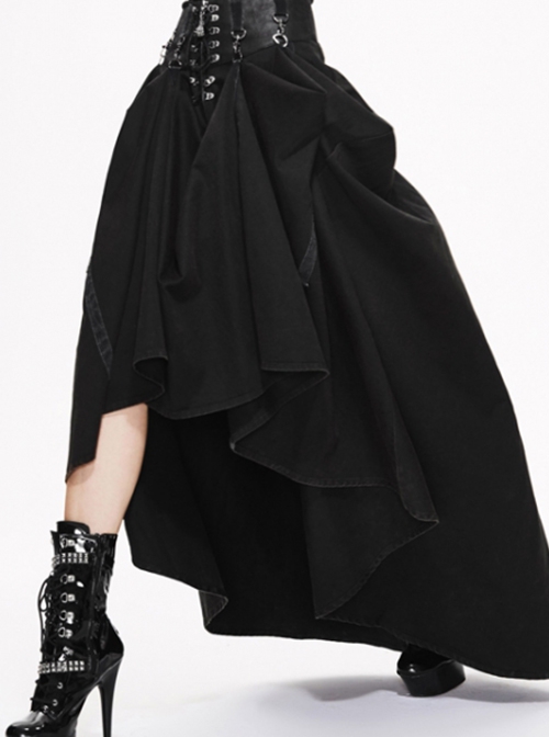 Punk Style Twill Weave Waist Heat-Sealed Fabric Adjustable Drawstring Black Long Hem Skirt