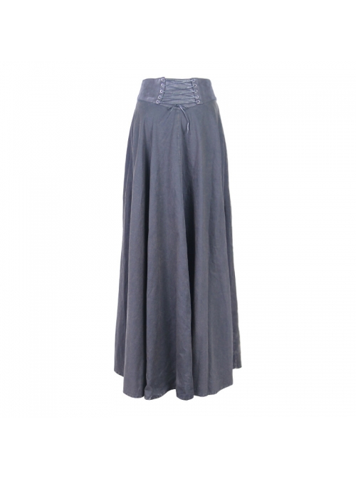 Punk Style Twill Weave Waist Heat-Sealed Fabric Adjustable Drawstring Black Long Hem Skirt