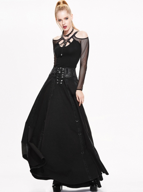 Punk Style Twill Weave Waist Heat-Sealed Fabric Adjustable Drawstring Black Long Hem Skirt