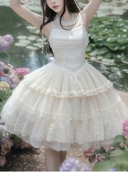 Ivory Tower Series French Elegant Apricot Ruffles Lace Classic Lolita Sleeveless Fluffy Mesh Yarn Hem  Short Dress