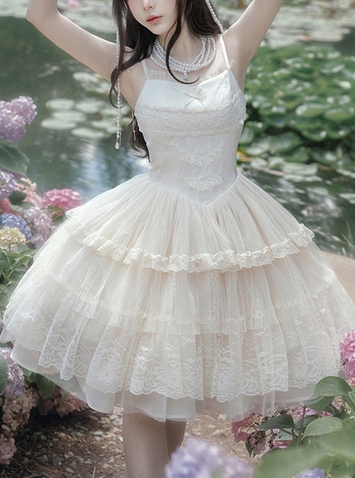 Ivory Tower Series French Elegant Apricot Ruffles Lace Classic Lolita Sleeveless Fluffy Mesh Yarn Hem  Short Dress