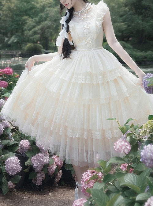 Ivory Tower Series French Elegant Apricot Ribbon Bowknot Ruffles Lace Classic Lolita Flying Sleeves Fluffy Hem Dress