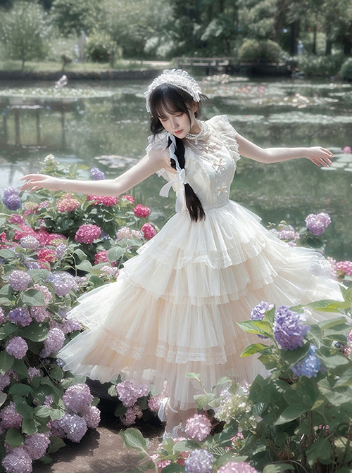 Ivory Tower Series French Elegant Apricot Ribbon Bowknot Ruffles Lace Classic Lolita Flying Sleeves Fluffy Hem Dress