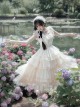 Ivory Tower Series French Elegant Apricot Ribbon Bowknot Ruffles Lace Classic Lolita Flying Sleeves Fluffy Hem Dress