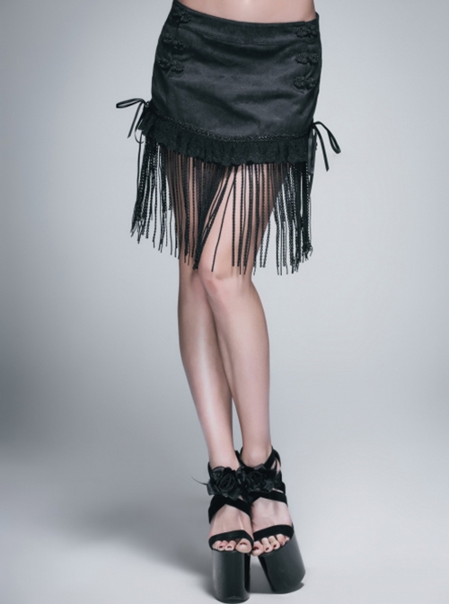 Gothic Style Stretch Jacquard Fabric Side Frog Design With Lace Fringe Hem Black Tie Rope Short Skirt