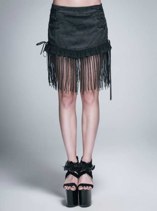 Gothic Style Stretch Jacquard Fabric Side Frog Design With Lace Fringe Hem Black Tie Rope Short Skirt