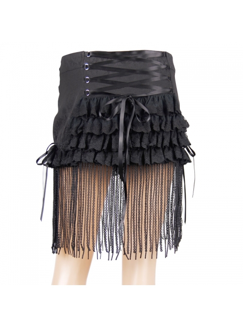 Gothic Style Stretch Jacquard Fabric Side Frog Design With Lace Fringe Hem Black Tie Rope Short Skirt