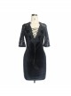 Gothic Style Sexy Velvet Splicing Hollow Rose Mesh Front Chest V Neck With Lace Rope Black Ruffle Dress