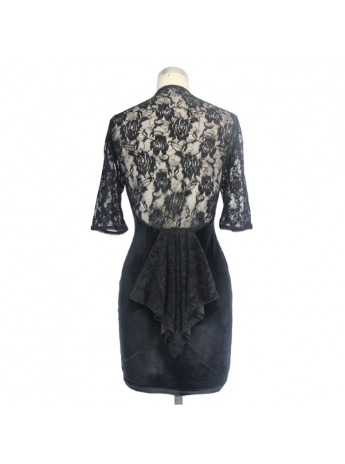 Gothic Style Sexy Velvet Splicing Hollow Rose Mesh Front Chest V Neck With Lace Rope Black Ruffle Dress