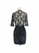 Gothic Style Sexy Velvet Splicing Hollow Rose Mesh Front Chest V Neck With Lace Rope Black Ruffle Dress