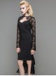 Gothic Style Stretch Cotton Patchwork See Through Backless Mesh Fabric Side Lace Appliqué Black Fishtail Long Sleeve Dress