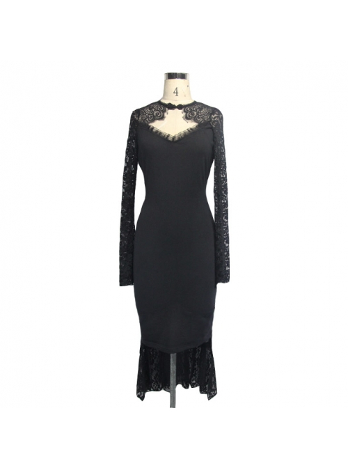 Gothic Style Stretch Cotton Patchwork See Through Backless Mesh Fabric Side Lace Appliqué Black Fishtail Long Sleeve Dress