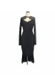 Gothic Style Stretch Cotton Patchwork See Through Backless Mesh Fabric Side Lace Appliqué Black Fishtail Long Sleeve Dress