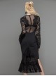 Gothic Style Stretch Cotton Patchwork See Through Backless Mesh Fabric Side Lace Appliqué Black Fishtail Long Sleeve Dress