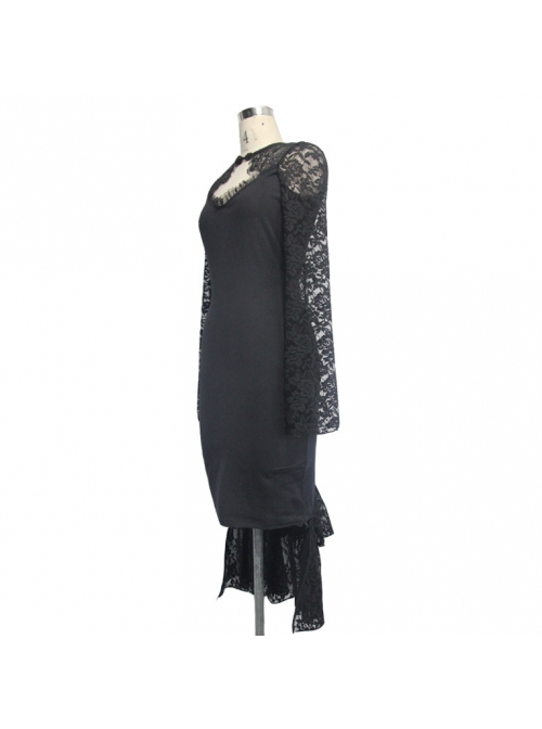 Gothic Style Stretch Cotton Patchwork See Through Backless Mesh Fabric Side Lace Appliqué Black Fishtail Long Sleeve Dress