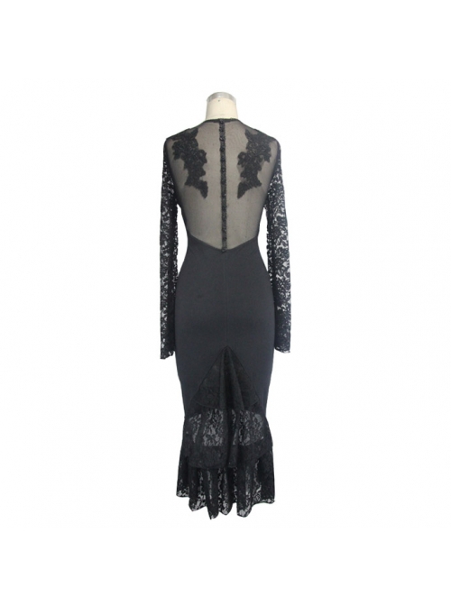 Gothic Style Stretch Cotton Patchwork See Through Backless Mesh Fabric Side Lace Appliqué Black Fishtail Long Sleeve Dress