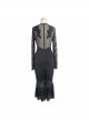 Gothic Style Stretch Cotton Patchwork See Through Backless Mesh Fabric Side Lace Appliqué Black Fishtail Long Sleeve Dress