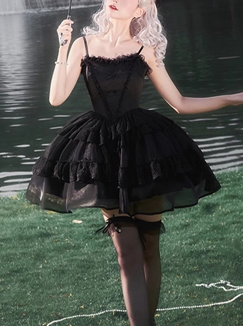 Ivory Tower Series French Retro Black Ribbon Bowknot Ruffles Lace Elegant Classic Lolita Sleeveless Fluffy Tutu Dress