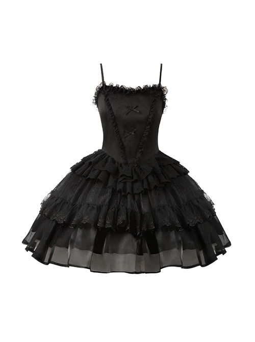 Ivory Tower Series French Retro Black Ribbon Bowknot Ruffles Lace Elegant Classic Lolita Sleeveless Fluffy Tutu Dress