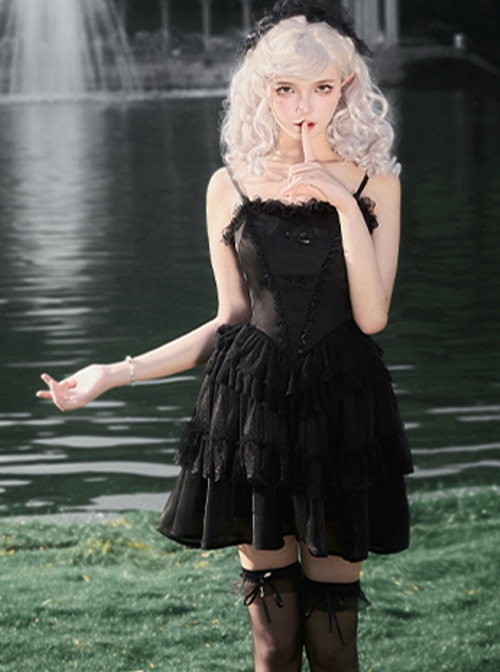 Ivory Tower Series French Retro Black Ribbon Bowknot Ruffles Lace Elegant Classic Lolita Sleeveless Fluffy Tutu Dress