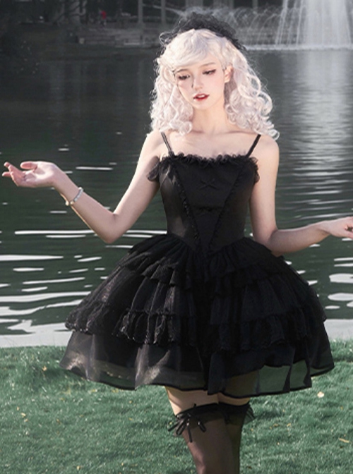 Ivory Tower Series French Retro Black Ribbon Bowknot Ruffles Lace Elegant Classic Lolita Sleeveless Fluffy Tutu Dress