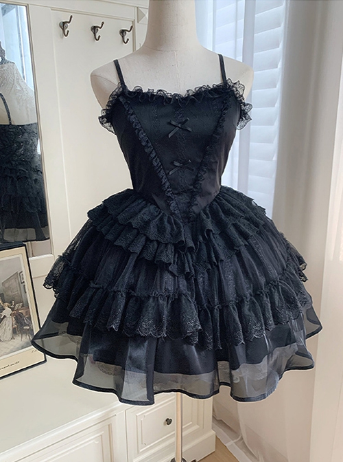 Ivory Tower Series French Retro Black Ribbon Bowknot Ruffles Lace Elegant Classic Lolita Sleeveless Fluffy Tutu Dress