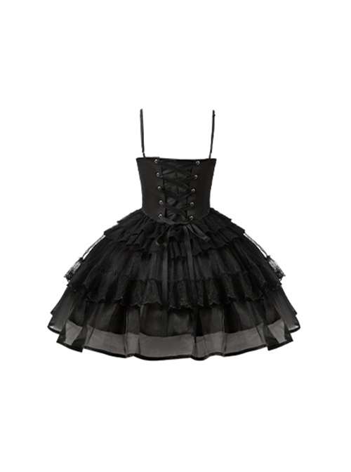 Ivory Tower Series French Retro Black Ribbon Bowknot Ruffles Lace Elegant Classic Lolita Sleeveless Fluffy Tutu Dress