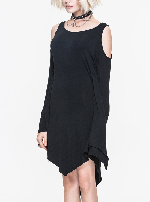 Gothic Loose Knit With Bat Spike Hem Black Sleeveless Dress