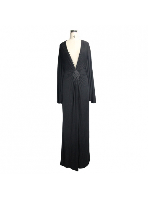 Gothic Style Simple Knitted Deep V Neck Front With Frog Button Black Bat Long Sleeve Dress