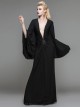 Gothic Style Simple Knitted Deep V Neck Front With Frog Button Black Bat Long Sleeve Dress